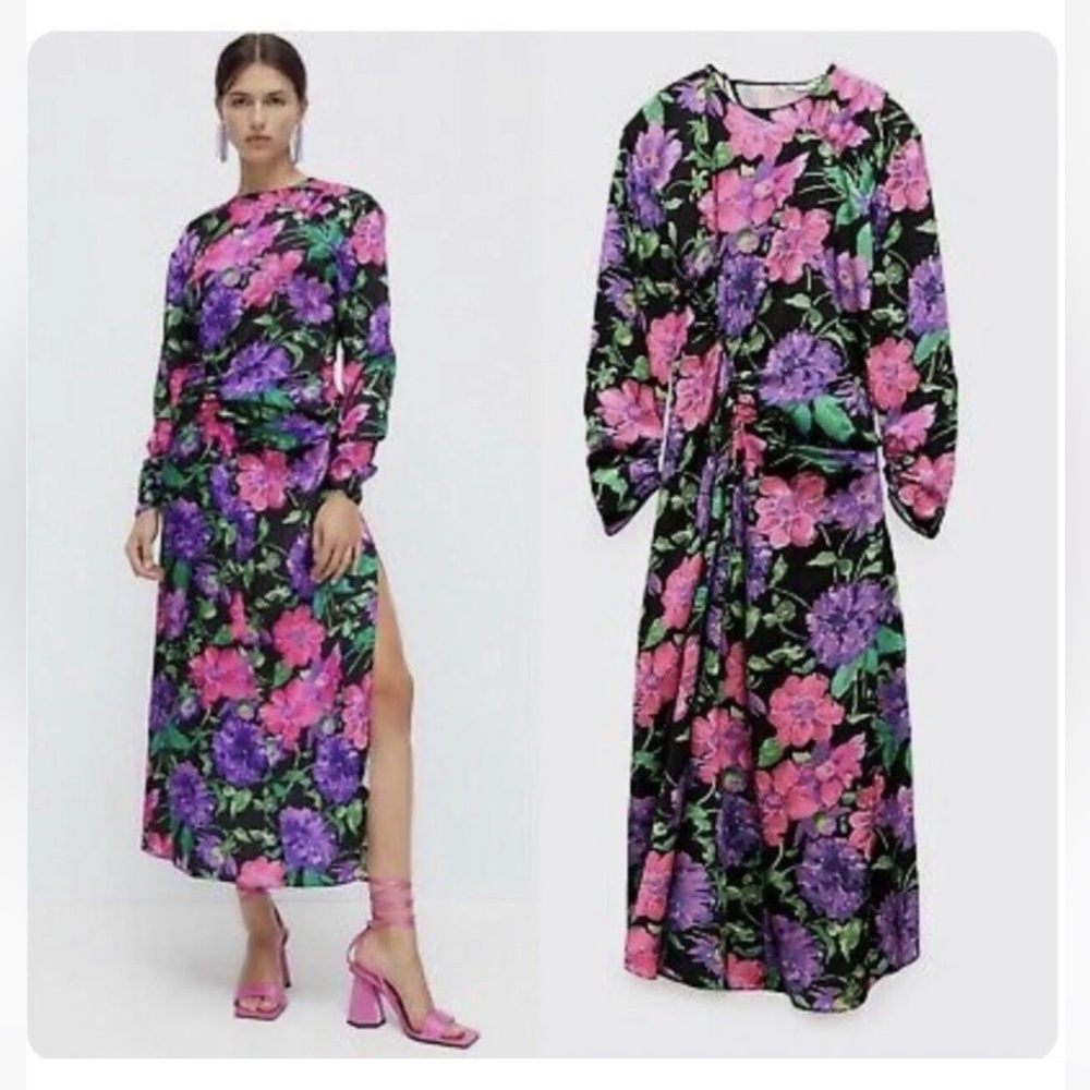 NWT ZARA Bloggers Favorite Satin Effect Floral Printed Side slit midi dress XL